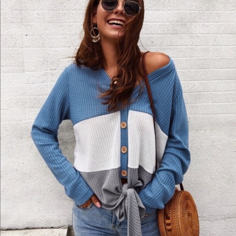 Cozy Button up Waffle Front Tie Top - Picture 9 of 9